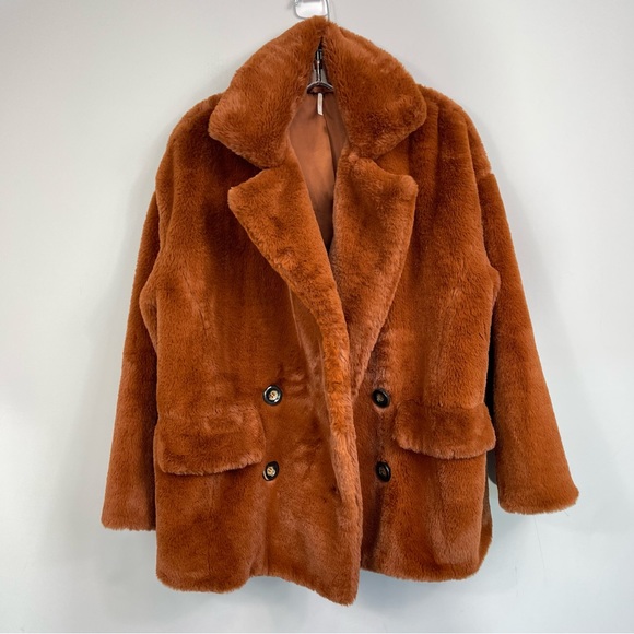 Free People Kate Faux Fur Coat in Terracotta Oversized Chunky Teddy Jacket S - Picture 10 of 16